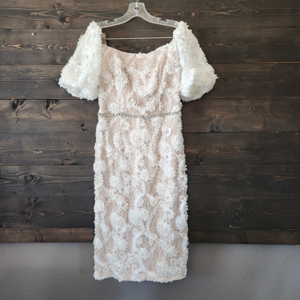 Xscape Bridal White 3D Floral Lace Off Shoulder Puff Sleeve Dress 6 Rhinestone